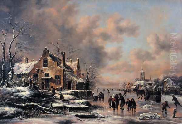 Winter Landscape 1660s Oil Painting by Claes Molenaar (see Molenaer)