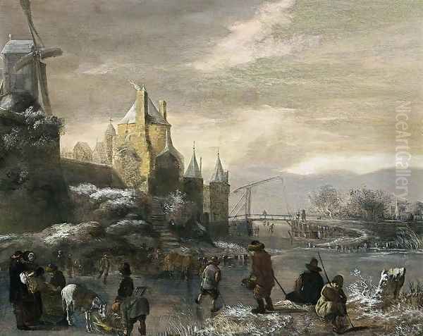 Winter Landscape with Skaters Oil Painting by Claes Molenaar (see Molenaer)