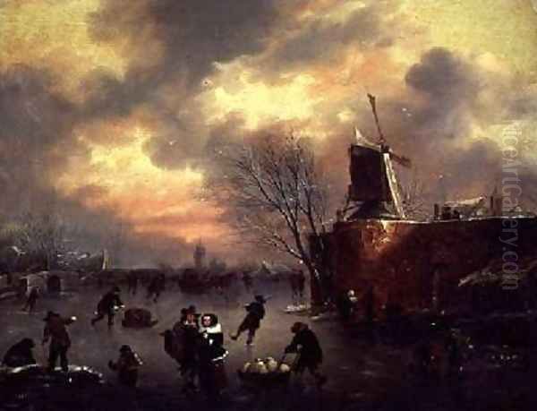 A Winter Skating Scene Oil Painting by Claes Molenaar (see Molenaer)