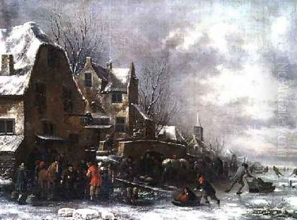 A Winter Landscape Oil Painting by Claes Molenaar (see Molenaer)