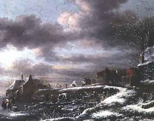 A Winter Landscape with Figures in a Horse-drawn Sledge Oil Painting by Claes Molenaar (see Molenaer)