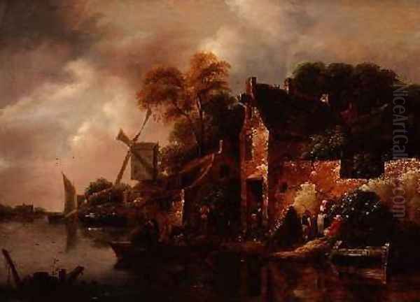 Houses and a Windmill by a River with Boats and Fisherfolk Oil Painting by Claes Molenaar (see Molenaer)