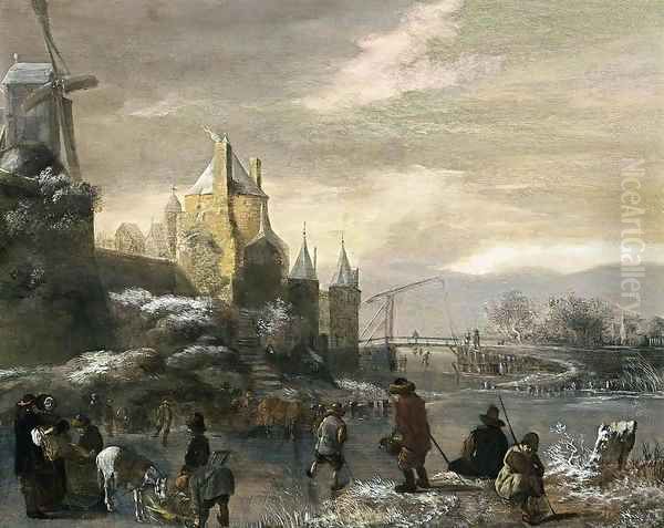 Winter Landscape with Skaters 2 Oil Painting by Claes Molenaar (see Molenaer)