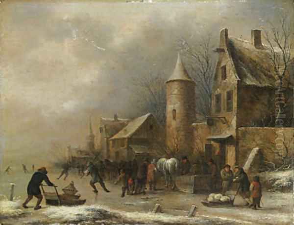 Peasants skating on a frozen river by an inn by a watchtower Oil Painting by Claes Molenaar (see Molenaer)