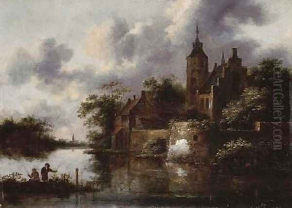 A river landscape with a rowing boat by a fortified town, anglers in the foreground Oil Painting by Claes Molenaar (see Molenaer)