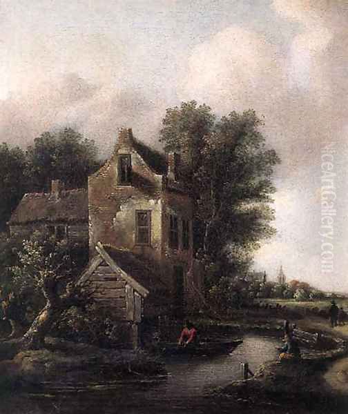 A fisherman in a rowing boat on a moat by a fortified mansion, peasants on a sandy track nearby Oil Painting by Claes Molenaar (see Molenaer)