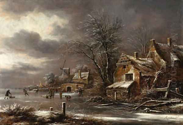 A winter landscape with skaters on a frozen river by a village Oil Painting by Claes Molenaar (see Molenaer)