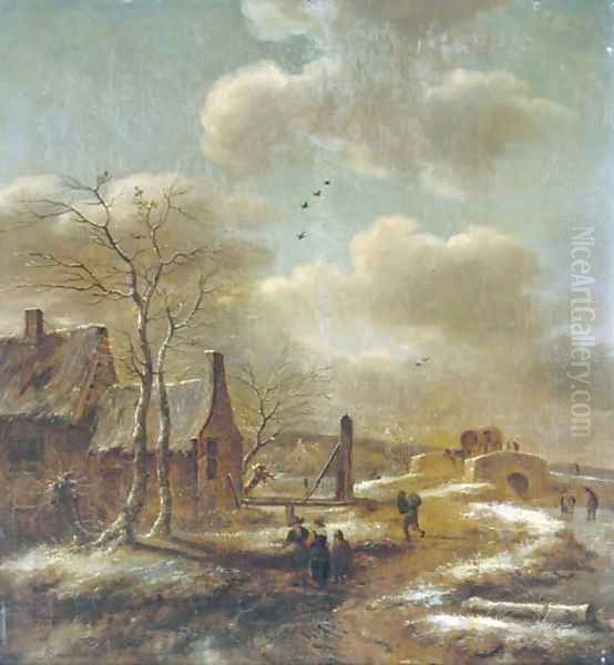 A winter landscape with travellers before a farm, a stone bridge beyond Oil Painting by Claes Molenaar (see Molenaer)