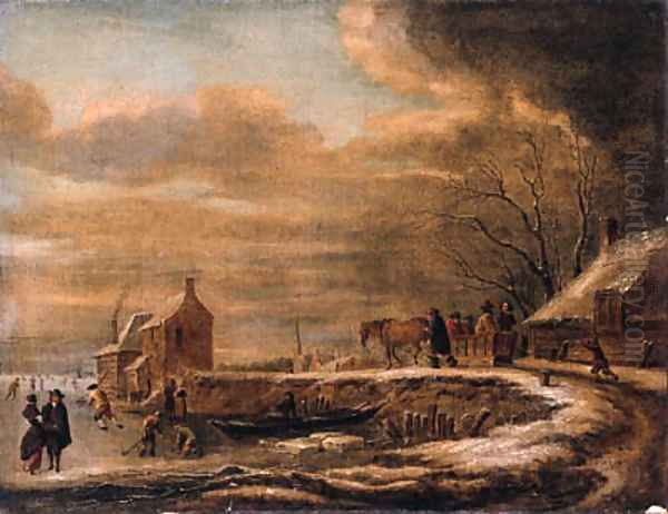 A winterlandscape with a horse-drawn sledge on a road by a farmhouse, kolfers and skaters on a frozen waterway nearby Oil Painting by Claes Molenaar (see Molenaer)