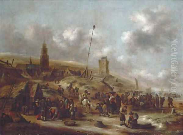 The beach at Scheveningen with fishermen unloading their catch Oil Painting by Claes Molenaar (see Molenaer)