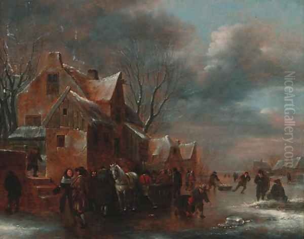 Travellers and villagers on a frozen river by a cottage Oil Painting by Claes Molenaar (see Molenaer)