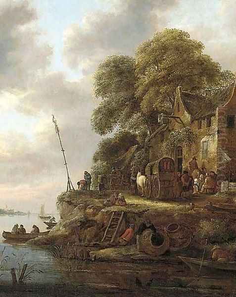 A river landscape with wagons and figures near an inn Oil Painting by Claes Molenaar (see Molenaer)