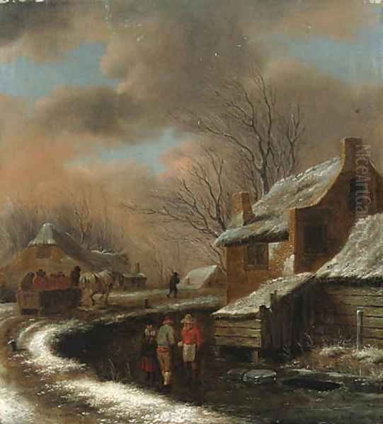 A Winter Landscape with Peasants in a Village, travellers in a cart on a path beyond Oil Painting by Claes Molenaar (see Molenaer)