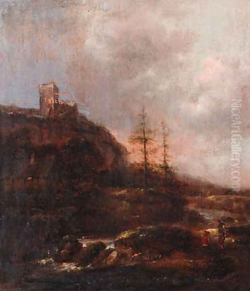 Boors on a riverbank near a waterfall, a ruined castle on a mountain beyond Oil Painting by Claes Molenaar (see Molenaer)