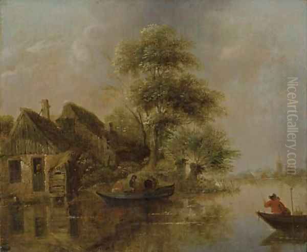 A river landscape with fishermen in a boat Oil Painting by Claes Molenaar (see Molenaer)