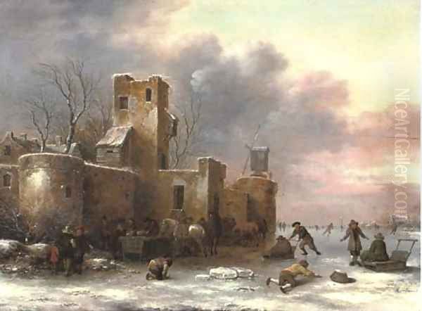 A winter landscape with figures skating outside a city wall Oil Painting by Claes Molenaar (see Molenaer)