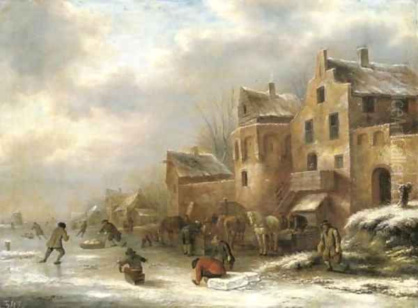 A winter landscape with skaters by a village Oil Painting by Claes Molenaar (see Molenaer)