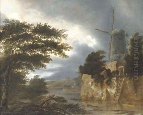 A wooded river landscape with a windmill Oil Painting by Claes Molenaar (see Molenaer)