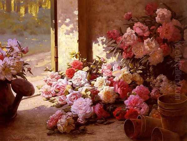 Jete De Fleurs Et Arrosoir (Freshly Picked Flowers With A Watering Can) Oil Painting by Edmond-Louis Maire