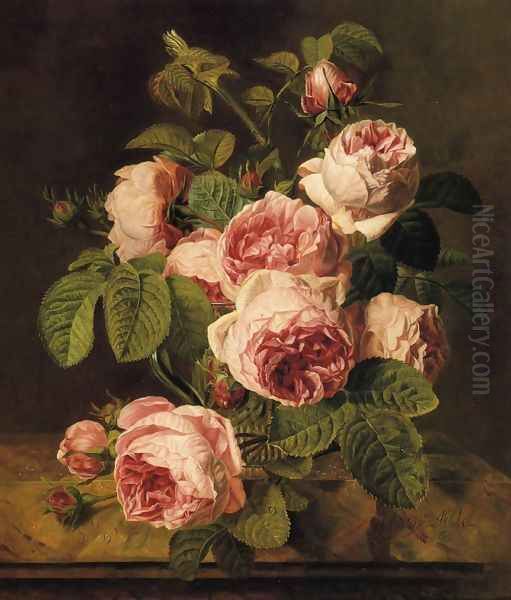 Pink Roses on a Marble Ledge Oil Painting by Iphigenie Milet-Mureau