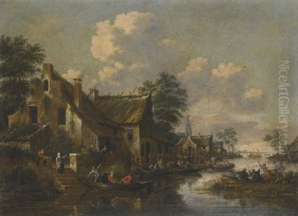 A Town On The Banks Of A River Oil Painting by Thomas Heeremans