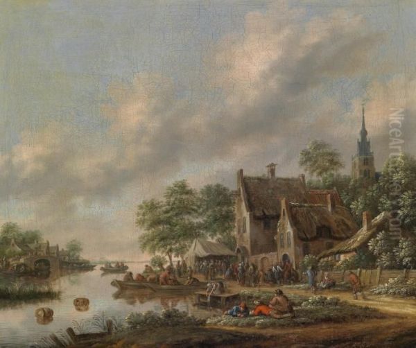 Landscape With A Village Celebration On Thebanks Of A River Oil Painting by Thomas Heeremans