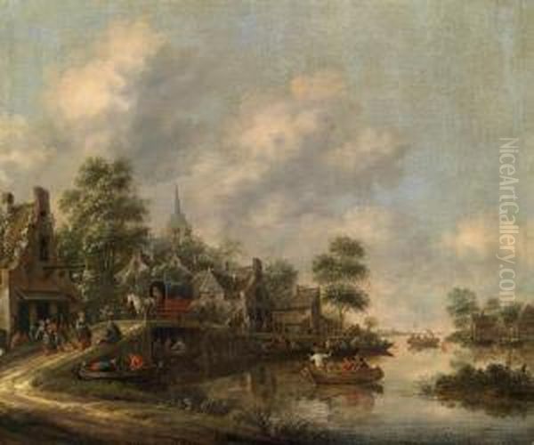 Landscape With A Village On A River Bankand A Ferry Boat Oil Painting by Thomas Heeremans