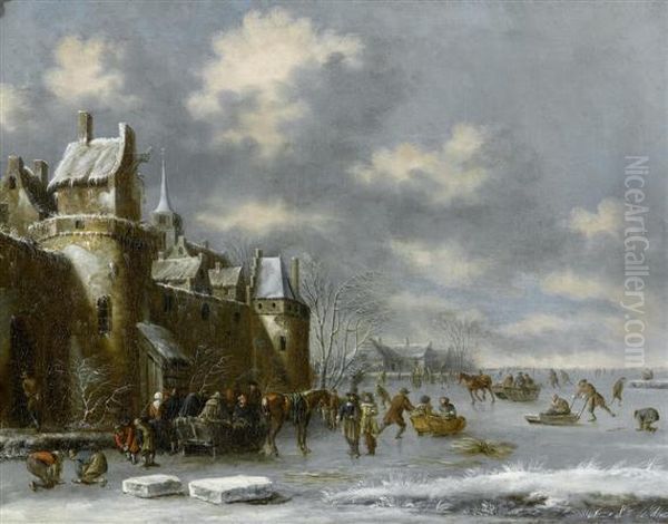 Winter Landscape With Frozen Lake And Skaters Before A Town Wall. Oil Painting by Thomas Heeremans