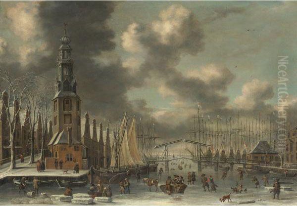 Amsterdam, The Montelbaanstoren In Winter Oil Painting by Thomas Heeremans