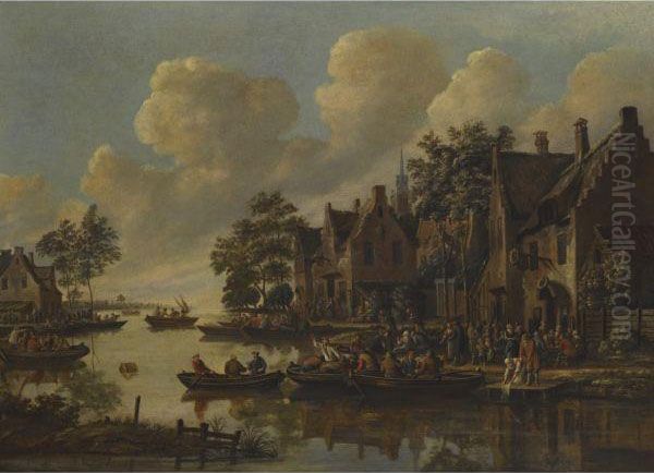 A Village On The Banks Of A River With Numerous People Drinkingoutside An Inn Oil Painting by Thomas Heeremans