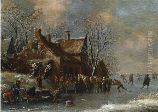 A Winter Landscape With Figures 
Skating On A Frozen River,others Conversing And Feeding A Horse Outside A
 Village Oil Painting by Thomas Heeremans