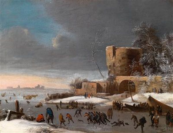 Eine Winterlandschaft Mit Schlittschuhlaufern Vor Einer Bastion Oil Painting by Thomas Heeremans