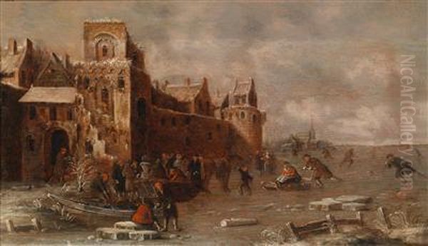 Hollandische Winterlandschaft Mit Eislaufern Voreiner Stadtmauer Oil Painting by Thomas Heeremans