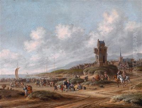 Blick Auf Zandvoort Mit Dem Von Booten Und Vielen Figuren Oil Painting by Thomas Heeremans