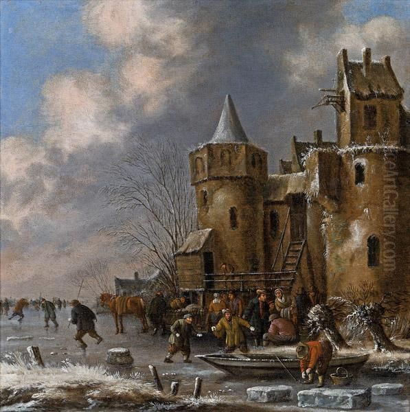 Winterszene Mit Stadtmauer Und Eislaufern Oil Painting by Thomas Heeremans