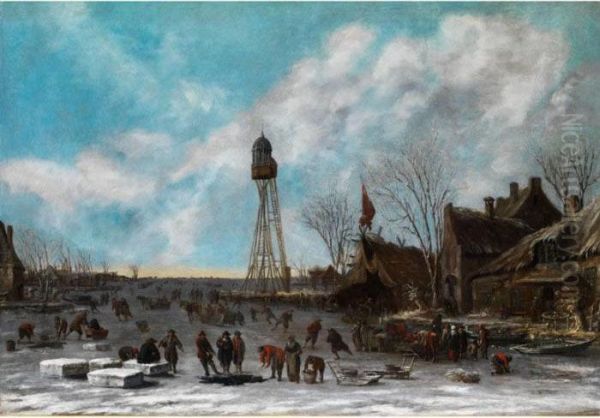 Winterliches Eisvergnugen Unter Einemhohen Leuchtturm Auf Vereister Polderbucht Oil Painting by Thomas Heeremans