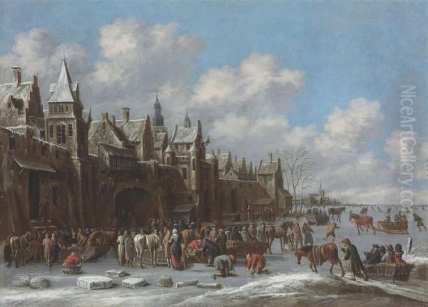 A Winter Landscape With Villagers On A Frozen Lake Outside Atown Oil Painting by Thomas Heeremans