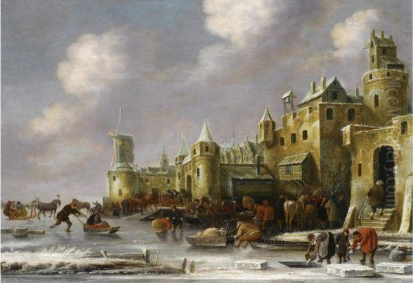 A Winter Landscape With Figures 
In Horse-drawn Sleighs Andvillagers Skating On A Frozen River Outside 
City Walls Oil Painting by Thomas Heeremans