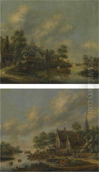 A River Passing Through A Village Oil Painting by Thomas Heeremans