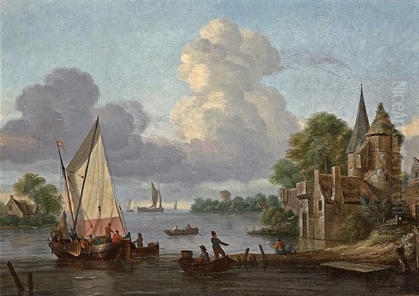 Fishing Outside A Castle Oil Painting by Thomas Heeremans