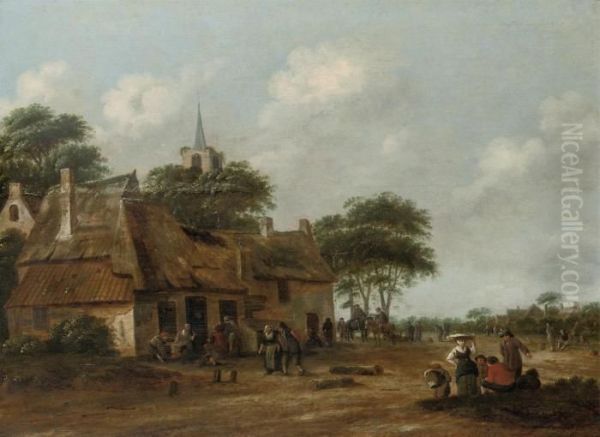 A Village Street With Figures Oil Painting by Thomas Heeremans