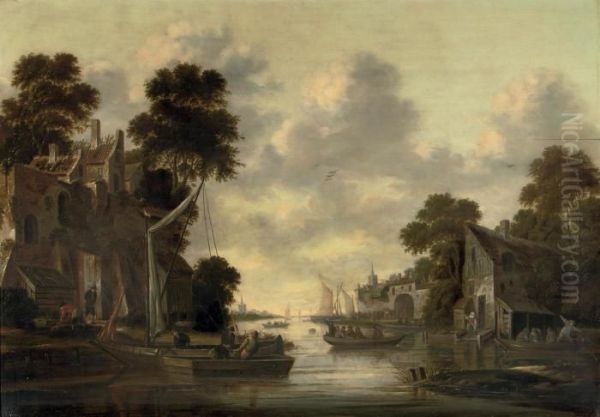 A River Landscape With Fishermen And Their Boats By A Village Oil Painting by Thomas Heeremans