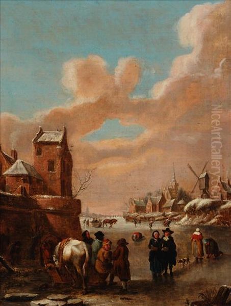 Figures And Animalson A Frozen River In A Dutch Winter Landscape Oil Painting by Thomas Heeremans