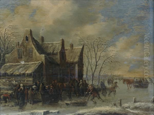 Patineurs Sur Une Riviere Gelee Devant Un Hameau Oil Painting by Thomas Heeremans