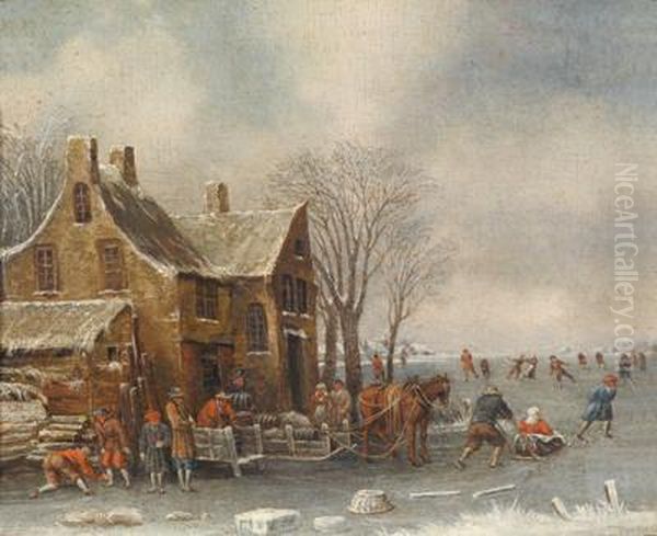 Hollandische Winterlandschaft Mit Eislaufern Auf Einem Zugefrorenen Fluss Oil Painting by Thomas Heeremans