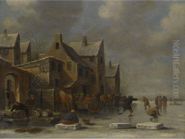 A Winter Landscape With A 
Resting Kolf Player And Other Figures Skating On A Frozen River Oil Painting by Thomas Heeremans