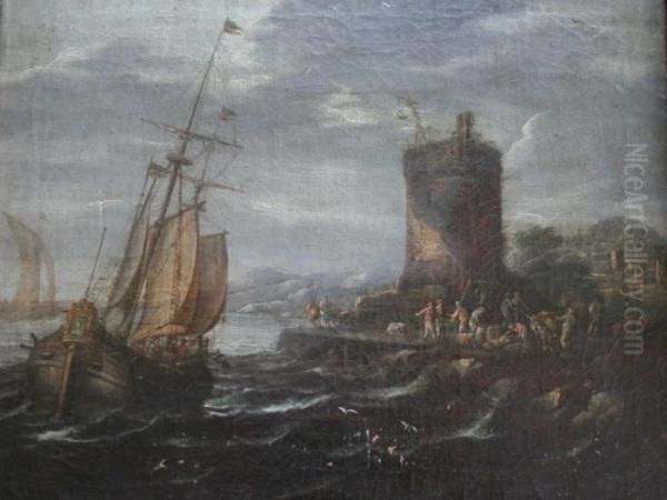 Coastal Scenes With Figures And Vessels Oil Painting by Thomas Heeremans