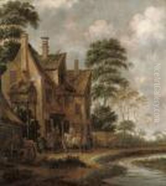 Travellers With Their Horses Outside An Inn Oil Painting by Thomas Heeremans