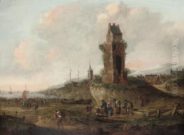 Fishermen And Townsfolk On The Beach At Scheveningen Oil Painting by Thomas Heeremans