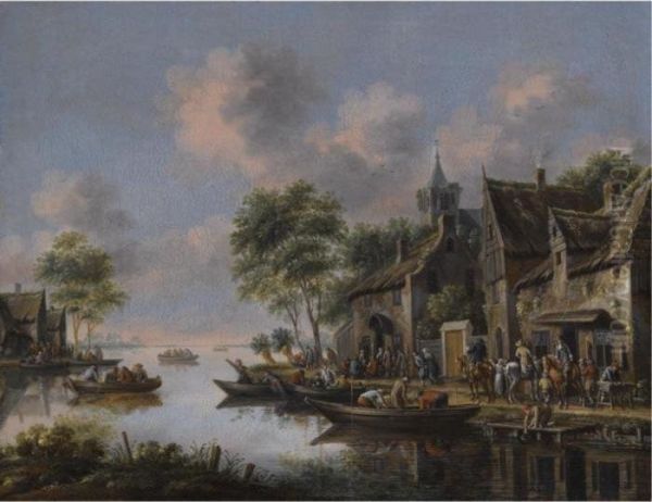 A River Landscape With Villagers Unloading Their Boats Oil Painting by Thomas Heeremans